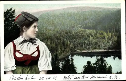Ak Schwarzwald, Schwarzwälderin in Tracht, Schapbachtal, Wildsee