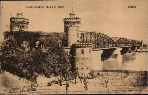 Ak Mainz am Rhein, Eisenbahnbrücke über den Rhein