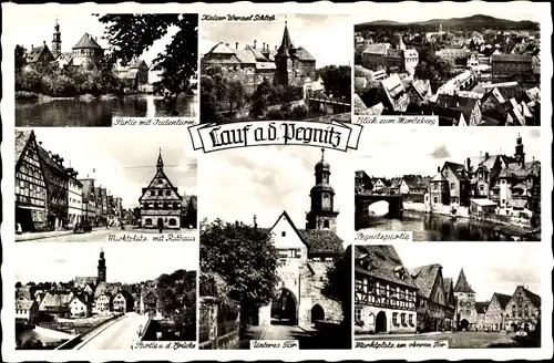 Ak Lauf an der Pegnitz Mittelfranken, Kaiser Wenzel Schloss, Moritzberg, Judenturm, Marktplatz, Tor