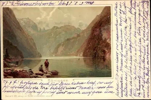 Künstler Litho Schönau am Königssee, Uferpartie mit Alpen