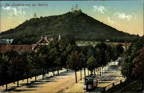 Ak Görlitz in der Lausitz, Landeskrone, Straßenbahn