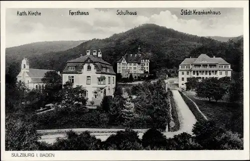 Ak Sulzburg in Baden Schwarzwald, Teilansicht, Villen, Kirche, Forsthaus, Schulhaus, Krankenhaus