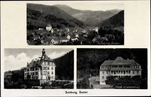 Ak Sulzburg in Baden Schwarzwald, Panorama, Schulhaus, Städt. Krankenhaus