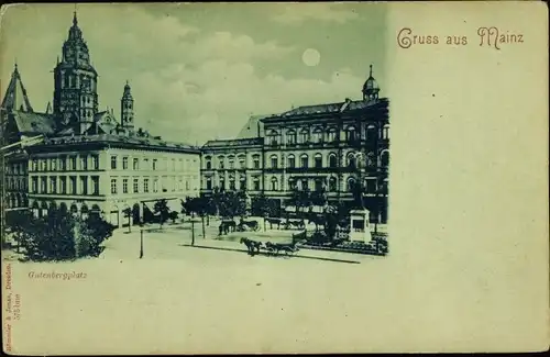 Mondschein Ak Mainz am Rhein, Gutenbergplatz