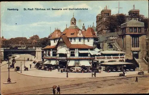 Ak Hamburg Mitte St. Pauli, Fährhaus mit Seewarte und Hochbahnbrücke