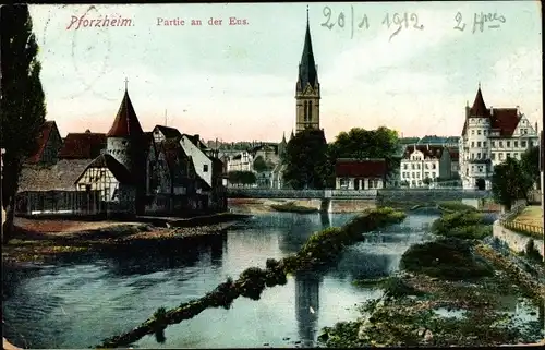 Ak Pforzheim im Schwarzwald, Partie an der Ens, Kirche