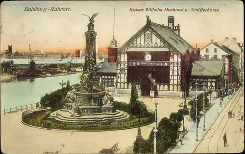 Ak Ruhrort Duisburg im Ruhrgebiet, Kaiser Wilhelm Denkmal und Schifferbörse
