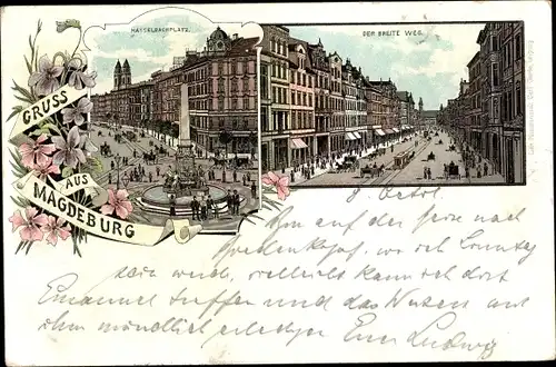 Litho Magdeburg, der Breite Weg, Hasselbachplatz, Brunnen