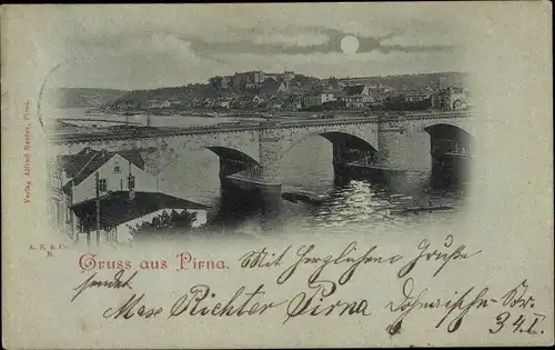 Mondschein Ak Pirna an der Elbe, Gesamtansicht, Brücke