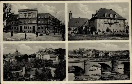 Ak Pirna an der Elbe, Volksschule, Hospiz, Friedenspark, Gesamtansicht