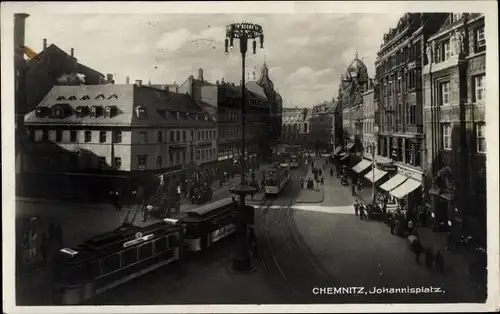 Ak Chemnitz in Sachsen, Johannisplatz, Straßenbahnen, Straßenlaterne