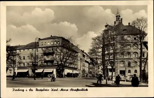 Ak Freiberg in Sachsen, Postplatz, Karl Marx Straßenblick