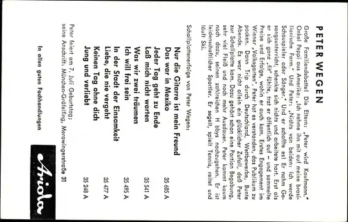 Ak Sänger Peter Wegen, Portrait, Autogramm, Ariola Schallplatten