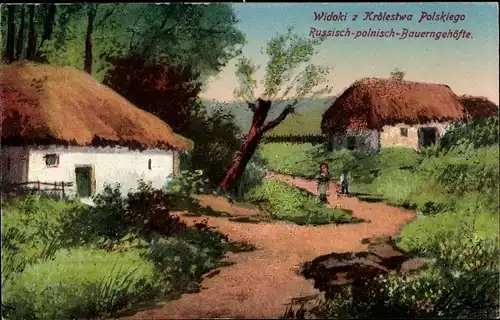 Ak Polen, Królestwo Polskie, Dorfpartie, Russisch polnische Bauerngehöfte