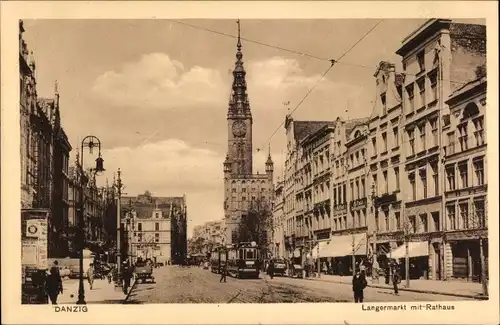 Ak Gdańsk Danzig, Langermarkt mit Rathaus, Straßenbahn