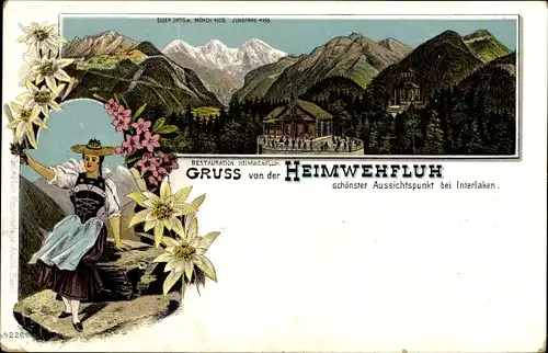 Litho Interlaken Kt. Bern Schweiz, Restaurant Heimwehfluh, Frau in Tracht, Edelweiß
