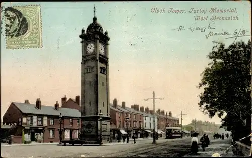 Ak West Bromwich West Midlands England, Clock Tower, Farley Memorial