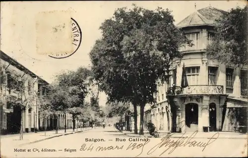Ak Saigon Cochinchine Vietnam, Rue Catinat, Café, Hotel, Straßenansicht
