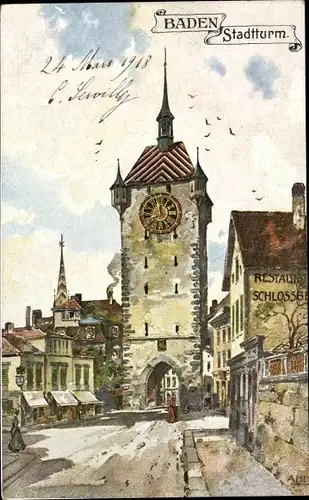 Künstler Ak Baden Kanton Aargau Schweiz, Stadtturm