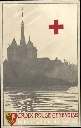 Künstler Ak Genève Genf Schweiz, Croix Rouge Genevoise, 18 Rue de Candolle Geneve, Wappen