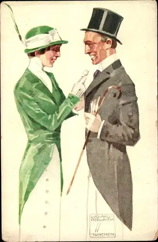Künstler Ak Hohlwein, Ludwig, Mann im Frack mit Zylinder, Frau in grüner Jacke, Bayrischer Blumentag