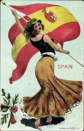 Ak Spain, Frau in Spanischer Landestracht mit Flagge