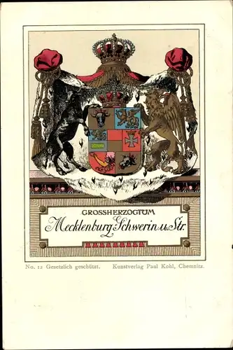 Wappen Litho Großherzogtum Mecklenburg Schwerin und Strelitz