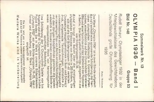 Sammelbild Olympia 1936, Gewichtheber Rudolf Ismayr