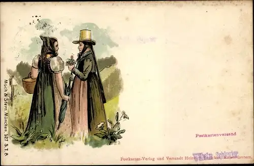 Litho Frauen in bayrischen Trachten, Treffen, Gespräch, Schirm, Korb,, Blumen