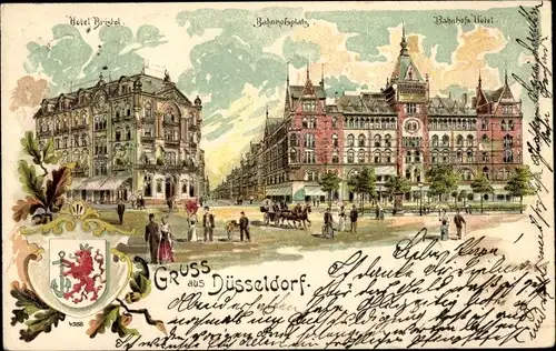 Wappen Litho Düsseldorf am Rhein, Hotel Bristol, Bahnhofsplatz, Bahnhofshotel