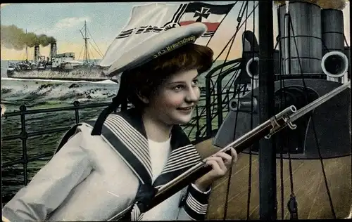 Ak Frau in Matrosenuniform, Deutsches Kriegsschiff, Kaiserliche Marine