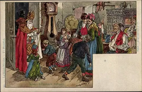 Künstler Litho Kauffmann, Usages et Costumes d'Alsace, Sankt Nikolaustag, Geschenke, Elsässer Tracht