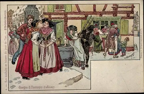 Künstler Litho Kauffmann, Usages et Costumes d'Alsace, Elsässerinnen, Stadtpartie, Schornsteinfeger