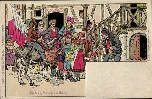 Künstler Litho Kauffmann, Usages et Costumes d'Alsace, Elsässer Tracht, Ostern, Ostereier, Esel