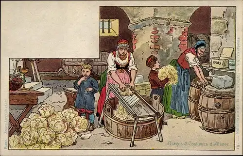 Künstler Litho Kauffmann, Usages et Costumes d'Alsace, Elsässer Tracht, Küche, Eingelegter Kohl