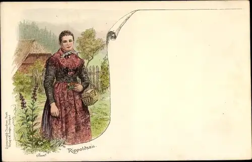 Künstler Litho Issel, Bad Rippoldsau Schapbach im Schwarzwald, Frau in Tracht mit Korb