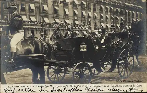 Ak Alphonse XIII a Paris 1905, Le Roi et le President de la Republique quittent la Gare