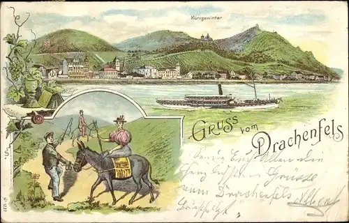 Litho Königswinter am Rhein, Drachenfels, Esel, Salondampfer