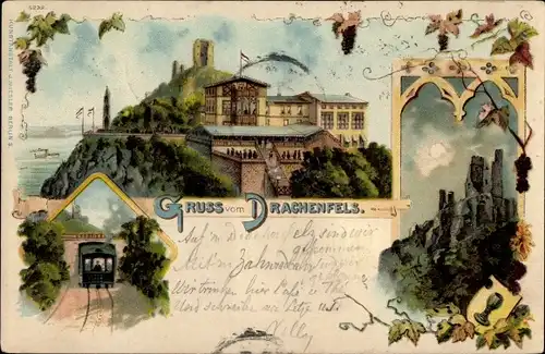 Litho Königswinter am Rhein, Drachenfels, Ruine, Zahnradbahn