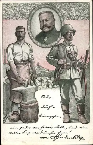 Künstler Ak Flechtner, Otto, Generalfeldmarschall von Hindenburg, Soldat, Schmied, Gasmaske, I WK