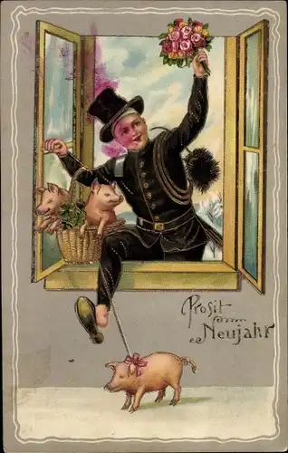 Präge Glitzer Ak Glückwunsch Neujahr, Schornsteinfeger, Schweine, Glücksklee