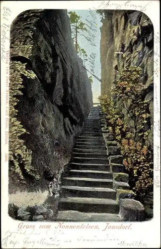 Ak Jonsdorf in Sachsen, Zittauer Gebirge, Nonnenfelsen, Treppe