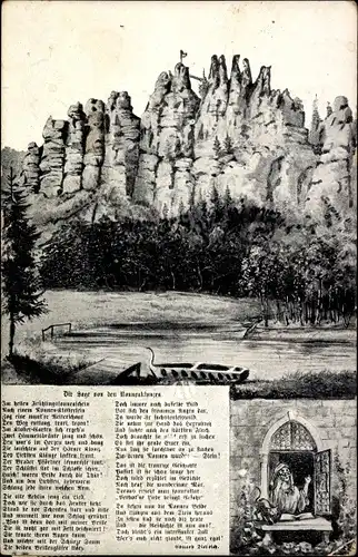 Künstler Ak Jonsdorf Sachsen, Die Sage von den Nonnenklunzen, Felsformation, Nonne am Klosterfenster