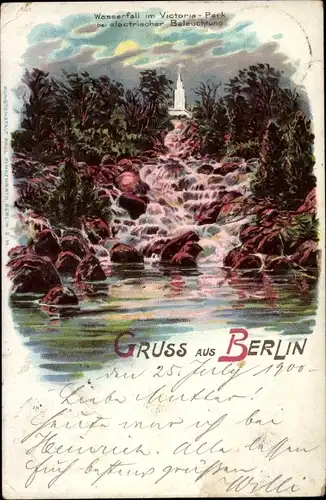 Litho Berlin Kreuzberg, Wasserfall im Victoria Park, Grünanlagen