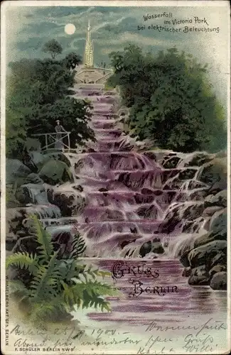 Mondschein Litho Berlin Kreuzberg, Wasserfall im Victoria Park, bei elektrischer Beleuchtung