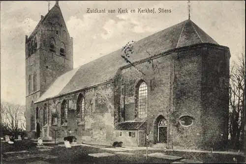 Ak Stiens Friesland Niederlande, Zuidkant van Kerk en Kerkhof