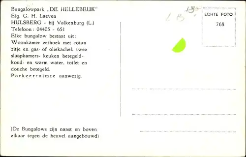 Ak Hulsberg Limburg Niederlande, Bungalowpark De Hellebeuk, Luftbild