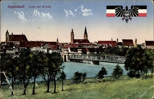 Ak Ingolstadt an der Donau Oberbayern, Totalansicht vom Ort, Brücke, Reichsflagge u. -adler