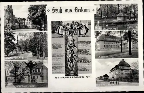 Ak Beckum, Bieckumer Raothues Pot, Marienplatz, Liebfrauenkirche, Stadtgarten, Kreishaus, Gymnasium