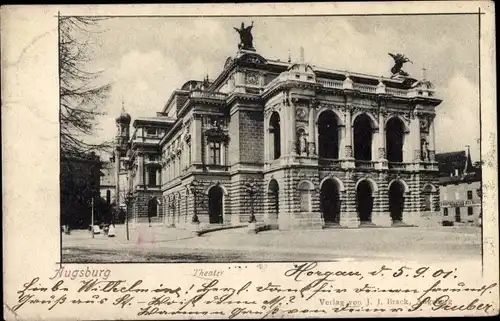 Ak Augsburg in Schwaben, Theater, Außenansicht, Passanten